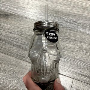 Glass Mason Jar Skull glasses with lid & straw. New with “Happy Haunting” tags.